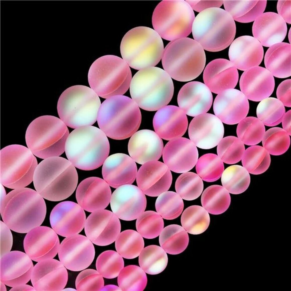 Matte Pink Aurora Crystal Glass Beads, 8MM Frosted Glitter Shining Mermaid